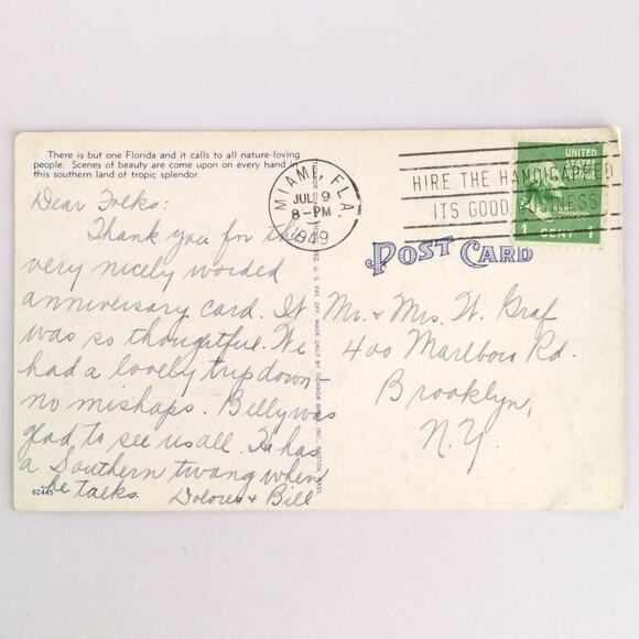 Vintage 1949 Linen Postcard Charming Lily Pool in Heart of Florida Gardens Miami - Picture 2 of 2